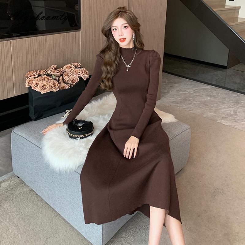 Французский стиль, осенне-зимнее женское платье-свитер миди, с половиной воротником, черное, серое, кофейное, вязаное платье, элегантное женственное трикотажное платье