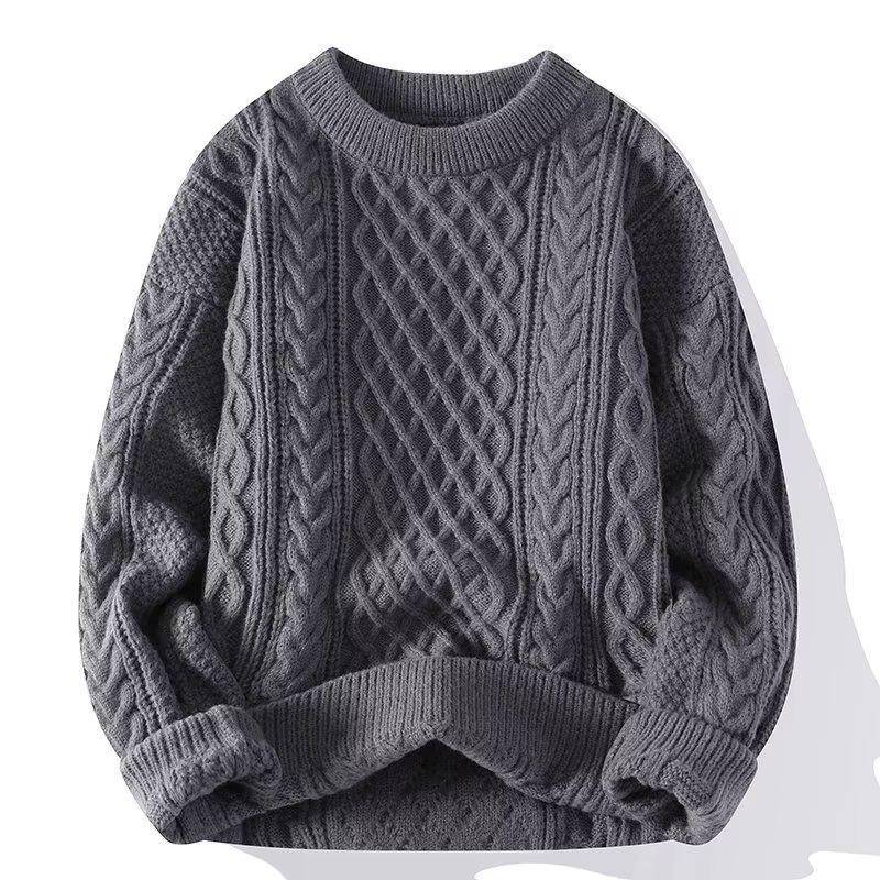 Men's Winter Cable Knit Sweater: Casual, Solid Color, Light Mature Style, Round Neck Pullover.
