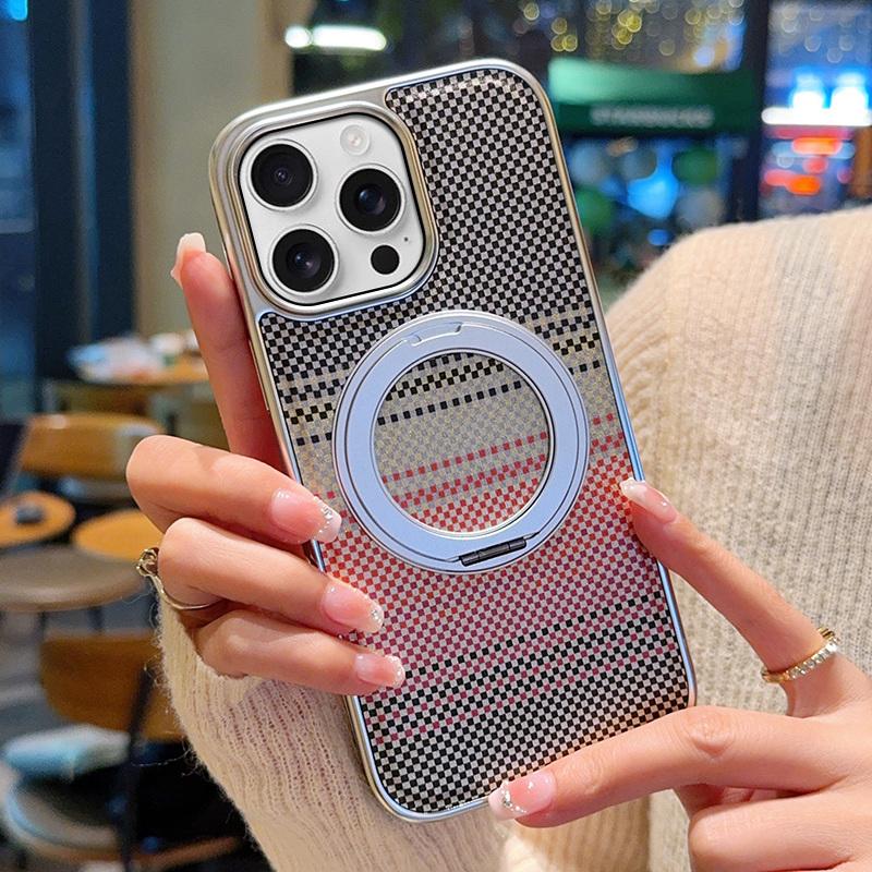For iPhone 16 Pro Magnetic Case Kickstand Electroplated PC + PU Leather Phone Back Cover