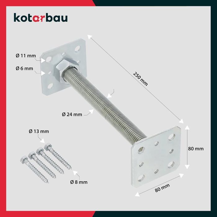 KOTARBAU® Регулируемый опорный кронштейн 80 мм x 80 мм x 250 мм Резьба M24 мм Опора для деревянного столба с регулировкой высоты Напольная опора Оцинкованная