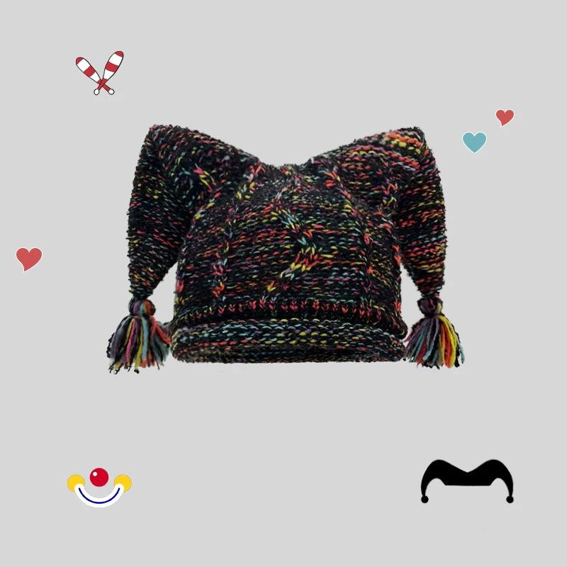 Female autumn and winter personality funny clown knitted wool hat hand-woven color bald hat pullover hat shows small face