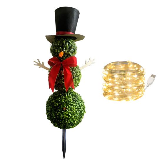 Yousheng Christmas Snowman Topiary Artificial Snowman Shaped Topiary Tree with Bow And Hat Outdoor Boxwood Topiary with Stake for Home Porch Decor