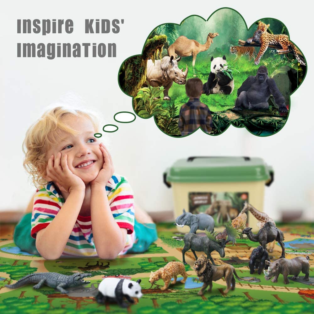 Mini Tudou 12pcs Safari Animal Figures Toys and 145x98cm Large Playmat Realistic Jumbo Jungle Wild Zoo Animal Figures Playset Includes Suitable for