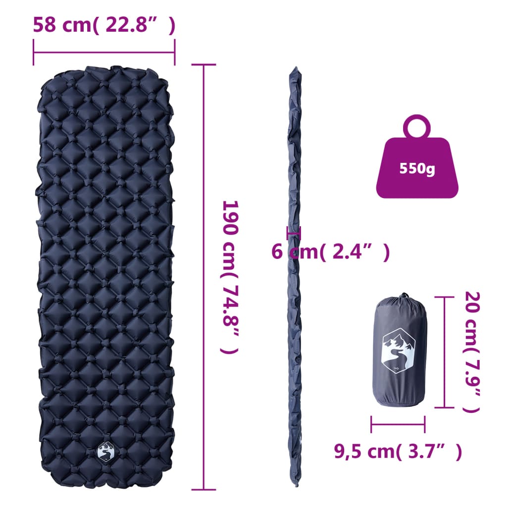 Inflatable Sleeping Pad Gray 190 x 58 x 6 cm