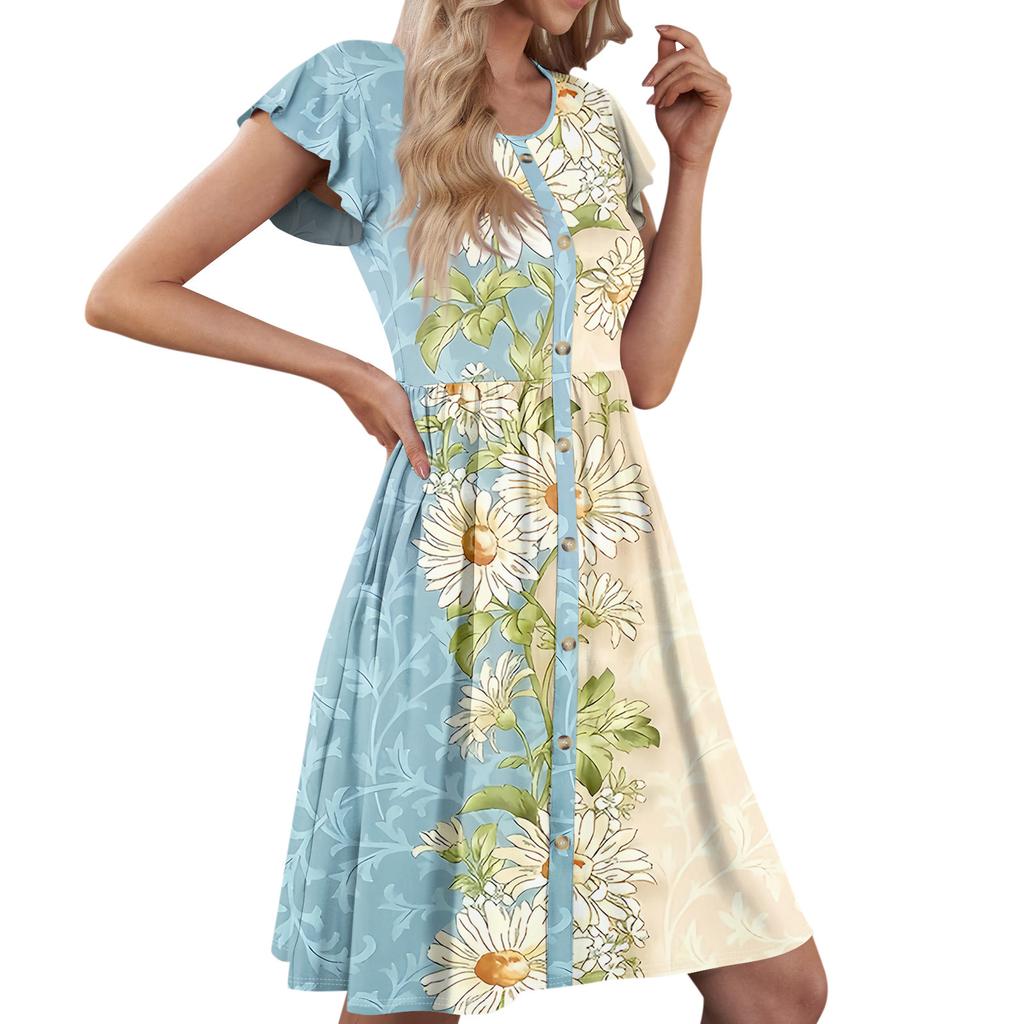 Женские летние платья с круглым вырезом и рукавами-крылышками, повседневные свободные платья-миди с карманами на пуговицах и принтом
