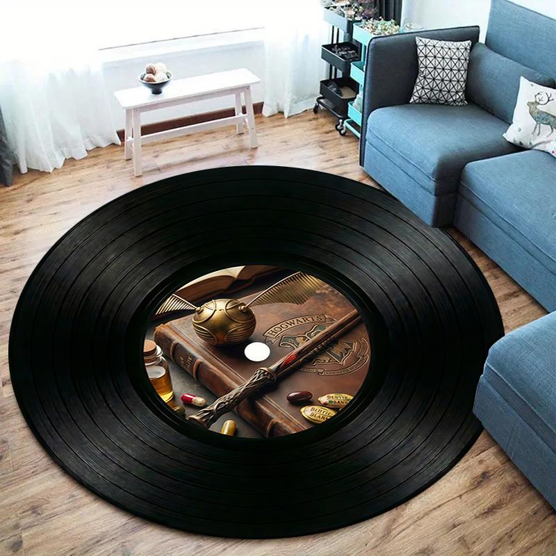 Record Texture Flag Magic Round Area Rug,Carpet Rug for Living Room Bedroom Sofa Playroom Decor,Non-slip Floor Mat