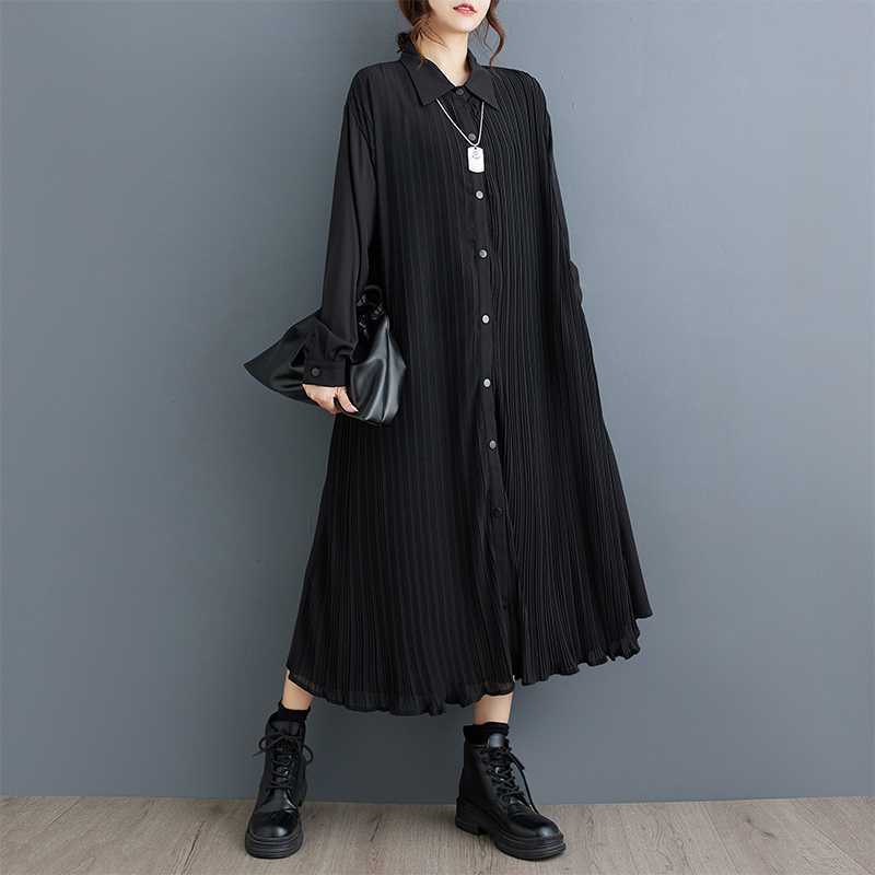 Women's Turn Down Collar Long Sleeve Loose Fit Pleated Midi Shirt Dress Casual