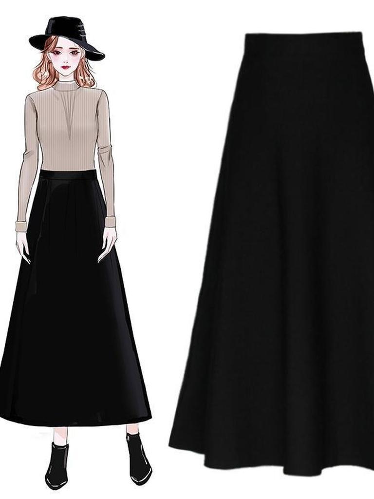 Осень Зима Юбка макси с высокой талией А-силуэта Платье больших размеров Женская одежда Новый стиль Элегантный Универсальный Стройнящий Скрывающий бедра