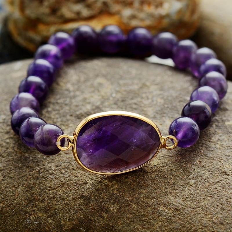BLINGBAY женский браслет с аметистом, эластичный браслет из натурального камня, браслет из бисера, популярные ювелирные изделия ручной работы в стиле ретро, вечерние украшения для девочек, подарок на день рождения