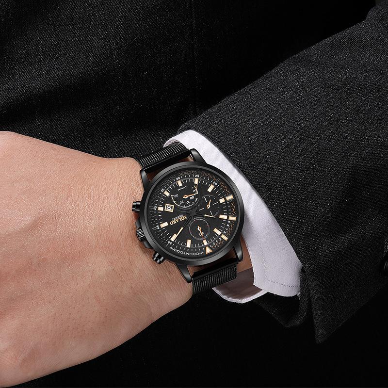 Новые цифровые мужские часы с тремя глазами и синей иглой, календарь, мужские часы, миланский ремешок, сетчатый ремешок, ремешок из нержавеющей стали