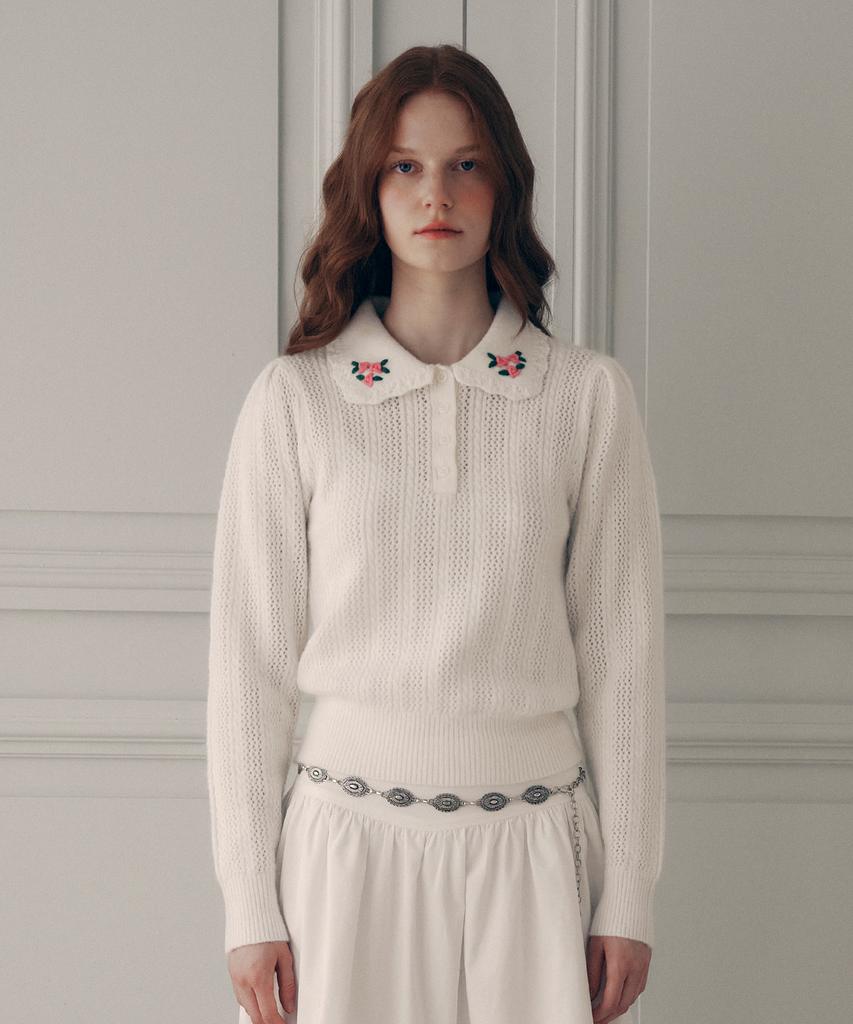 ROLAROLA Collar Flower Embroidery Knit White