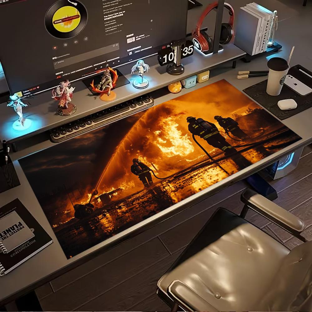 Gaming Mouse Pad Firefighter Flame Large Desk Mat Non Slip Rubber Lock Edge Extended Keyboard Computer Laptop Office Table