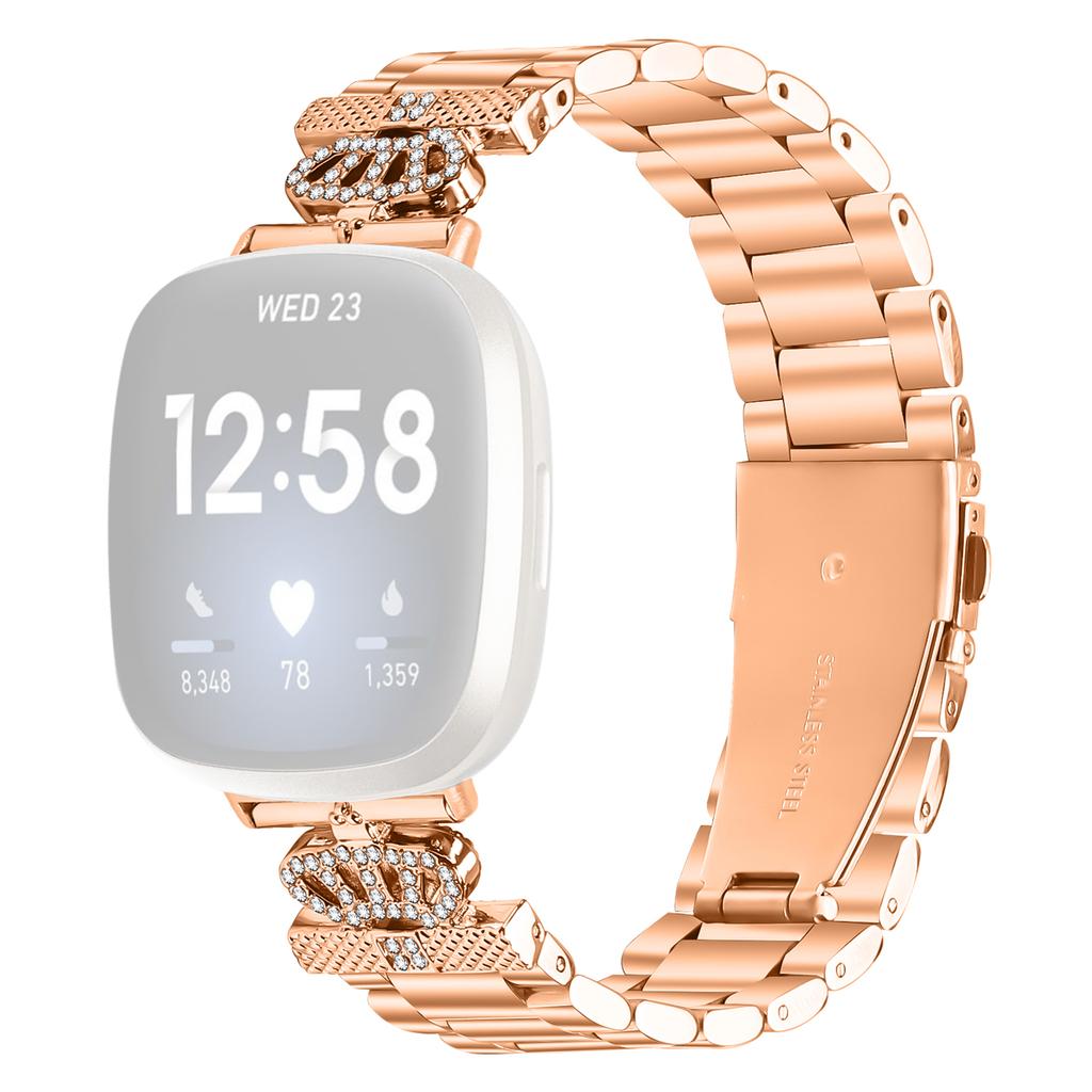 Stainless Steel Strap for Fitbit Versa 3/Sense Crown Shape Rhinestone Decor Watch Band