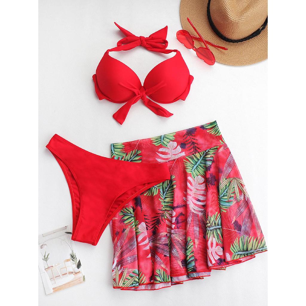 Ladies Swimsuit Biquini Outfits Summer Halter Bra+Thong+Skirts Three Piece Bathing Suit Sexy Flower Print Beach Bikini For Women
