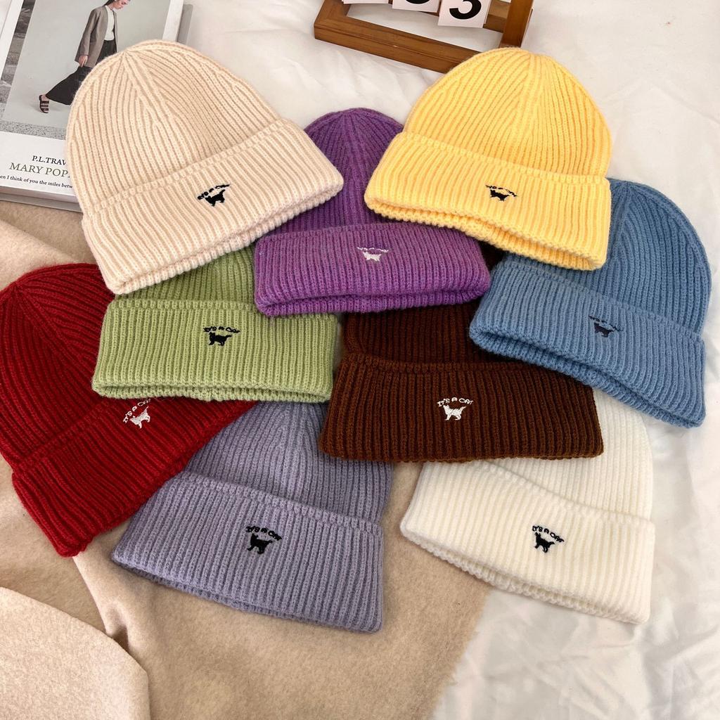 Шапка женская осенне-зимняя универсальная вышитая шапка с изображением котенка большая голова маленькая вязаная шапка модная теплая шерстяная холодная шапка