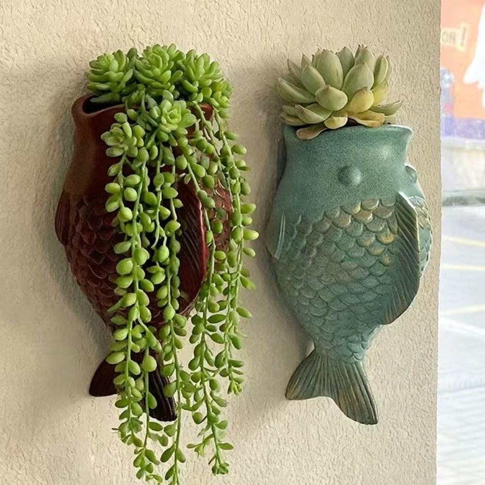 Rustic Style Fish Ornaments No-Drill Wall Mounted Planter Unique Decorative Floral Ware  Outdoor