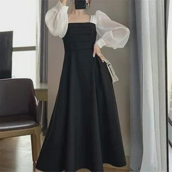 Черное платье-сетка с длинными рукавами и квадратным воротником в стиле ретро для женщин - Осенняя коллекция