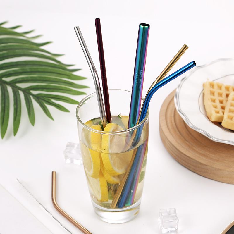Colored Titanium-Plated 304 Stainless Steel Straw Set for Beverages & Milk Tea