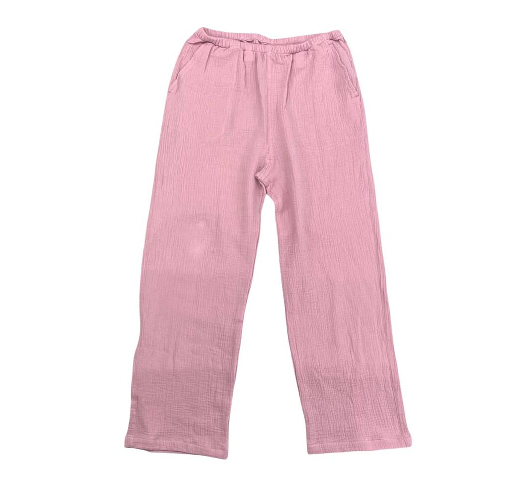 Takihyo Pajama Double Long Open with Pants Pink Women's Set, 100% Cotton, Gauze, Wrinkle-Finish, Sleeves, Front, Loungewear, Pockets,