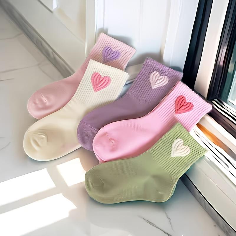 5 Pairs Kids' Cartoon Heart Stripe Socks, Polyester Spandex Knit Fabric, for Girls, Student Dance, Spring Summer Autumn