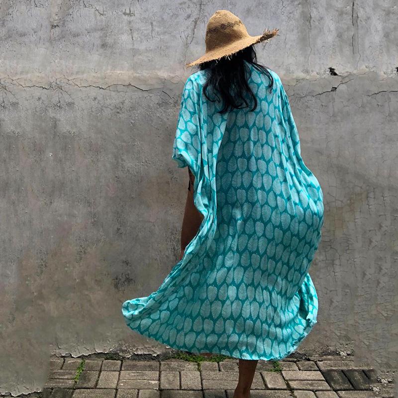 Накидка для купальника, пляжная накидка для женщин, летние листья, принт, длинный кимоно, кардиган, хлопок, пляжная одежда