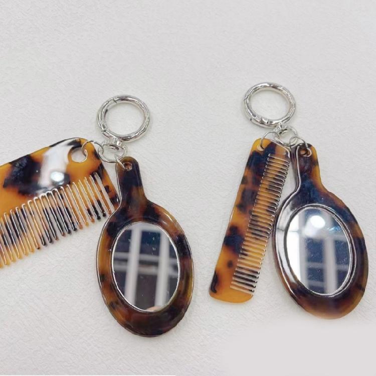Леопардовый брелок-расческа с подвеской-зеркальцем для макияжа, модный аксессуар из ацетата ручной работы, женский инструмент для красоты