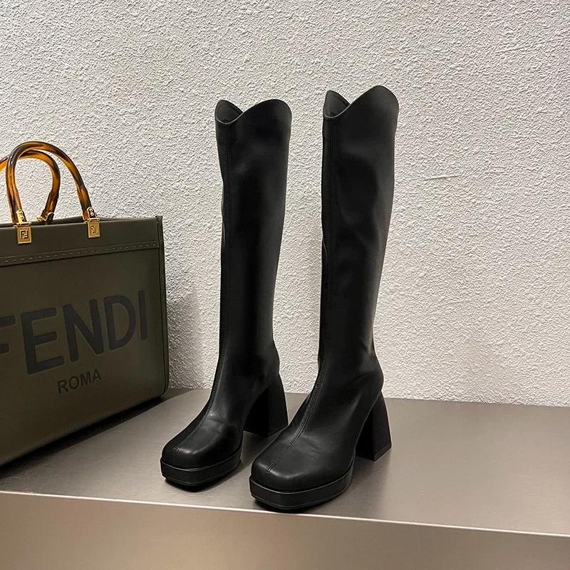 Fashion Platform Long Boots For Women Fashion Back Zippers High Heel Knee High Boots Autumn Winter Ladies Elegant Mordern Booties