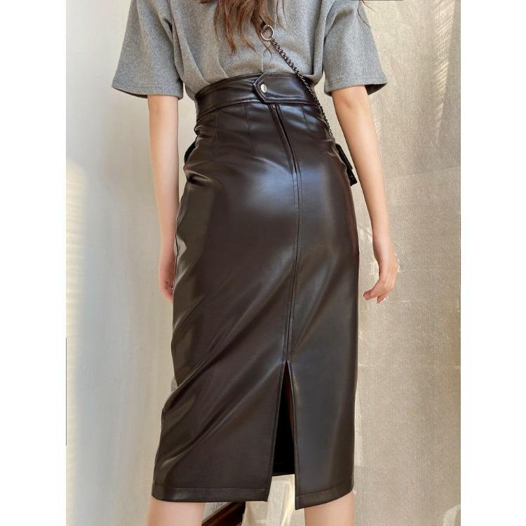 Элегантная юбка из кожи с высокой талией и разрезом на весну для женского сезонного наряда
