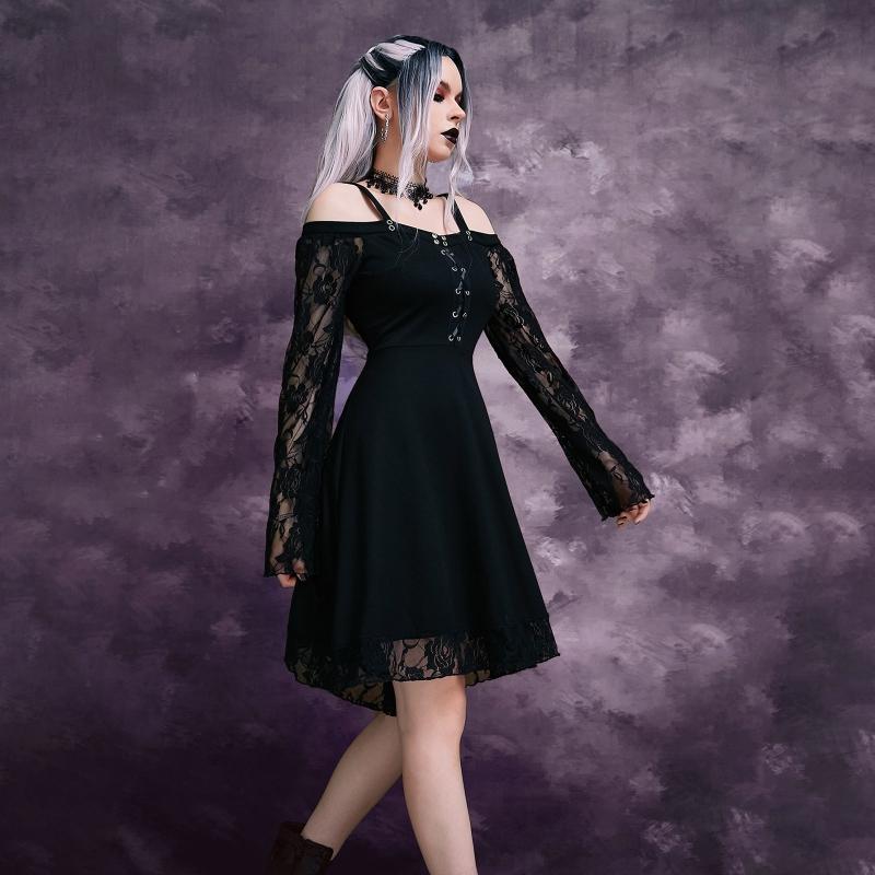 Готическое Панк Платье Миди для Девушек Сексуальное Лоскутное Платье LaAe с Длинным Расклешенным Рукавом Женское Платье-Сарафан Харадзюку с Открытыми Плечами на Бретельках Хэллоуин