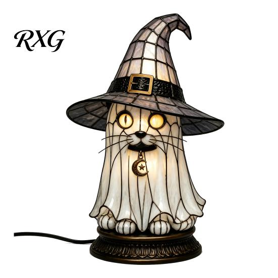Dark Aesthetic Gothic Ornament Black Cat Witch Hat Table Lamp, with Dreamy Purple Light, Lamp Retro Halloween Ornament, for Bedroom Bedside