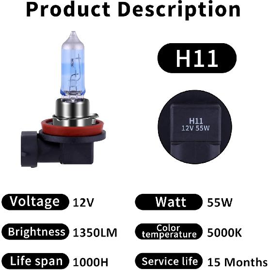 H11 Headlight Bulb Halogen Bulb Headlight 5000K Super White Light Long Life Replacement PGJ19-2 12V/55W (H11, 2 Pack)