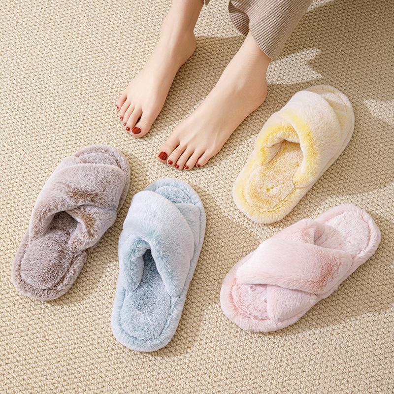Элегантные мохнатые тапочки с перекрестным ремнем, плюшевые хлопковые тапочки, домашние открытые мохнатые тапочки, женская домашняя обувь, тапочки розового цвета