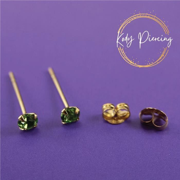 Серьги с драгоценными камнями для пирсинга из цельного 9-каратного золота - драгоценный камень в наборе: Зеленый круглый кристалл 3мм