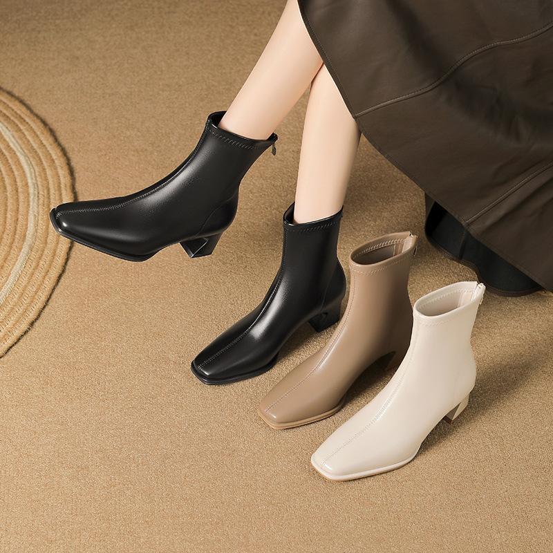 Французские ботильоны на толстом каблуке, женские осенне-зимние новые, для通勤, на молнии, эластичные, с квадратным носком, модные, универсальные, средней высоты, тонкие ботинки