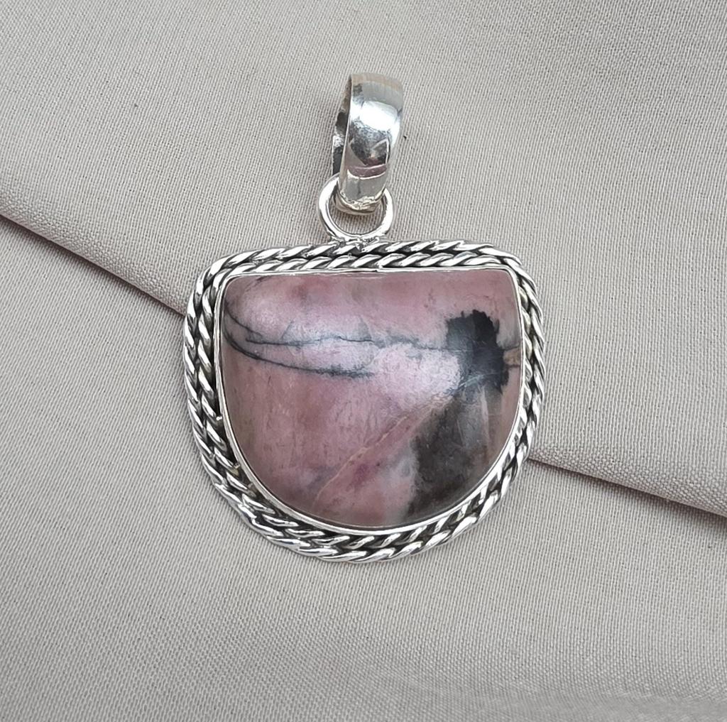 Rhodonite Pendant 925 Sterling Silver Pink and Black Healing Stone Necklace Crystal Jewelry