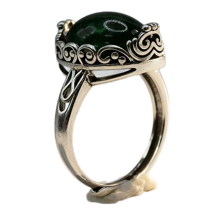 Retro Ethnic Style Thai Silver Hollow Withered Vine Green Zircon Adjustable Rings For Women Fashion New Jewelry Gift
