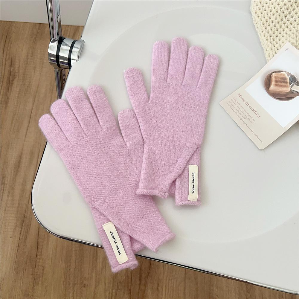 Новые однотонные перчатки для женщин зимой, универсальные для студентов, симпатичные, с пятью пальцами, вязаные, для пары, с сенсорным экраном, милые, теплые, для велоспорта