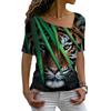 Summer New Tiger Pattern 3D Printed Women's Slanted Neck Slim Fit Short Sleeved T-shirt