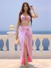Вечеринка у бассейна Платье для пляжа с высокой талией розовое 2025 Новое бикини из 3 предметов Платье-накидка Высокий разрез Декоративная пряжка-улитка Сексуальный купальник K139