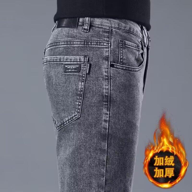 Джинсы мужские плотные с флисовой подкладкой, прямые, свободные, молодежные, больших размеров, универсальные, облегающие, повседневные, мужские, осень/зима, чисто черные, мужские брюки