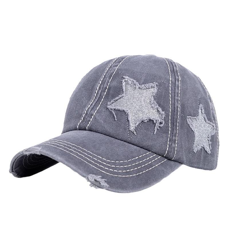 Foreign Trade New Pure Cotton Washed Ponytail Cracked Five-pointed Star Baseball Cap European/American Tide Curved Brim Ponytail Cap