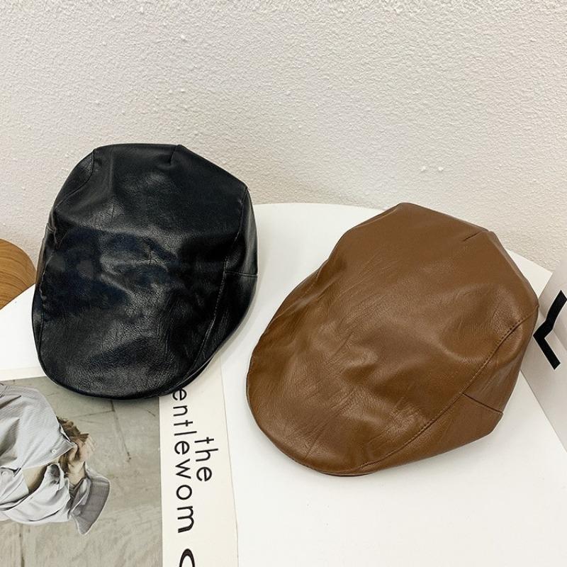 Leather Retro Hat Women's Autumn and Winter Beret Solid Color Cap Detective Hat Men's Hat