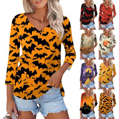 Рубашка для женщин, модная, повседневная, с V-образным вырезом, рукавом 3/4, свободная, с принтом на Хэллоуин, женская футболка, топ