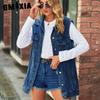 Однотонный принт лето весна без рукавов поло воротник ретро джинсовый жилет свободный повседневный женский тренд