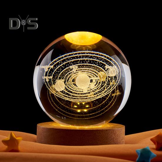 Ночной светильник в виде стеклянного шара с деревянной основой, 7 цветов, удобная в использовании 3D-светильник в виде солнечой системы, хрустальный шар, ночник, настольный декор