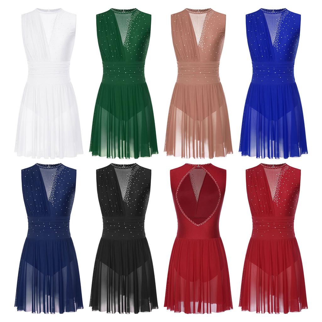 Womens Figure Skating Dress Modern Lyrical Ballet Dance Leotard Tutu Sleeveless Shiny Rhinestone Gymnastic Performance Dancewear