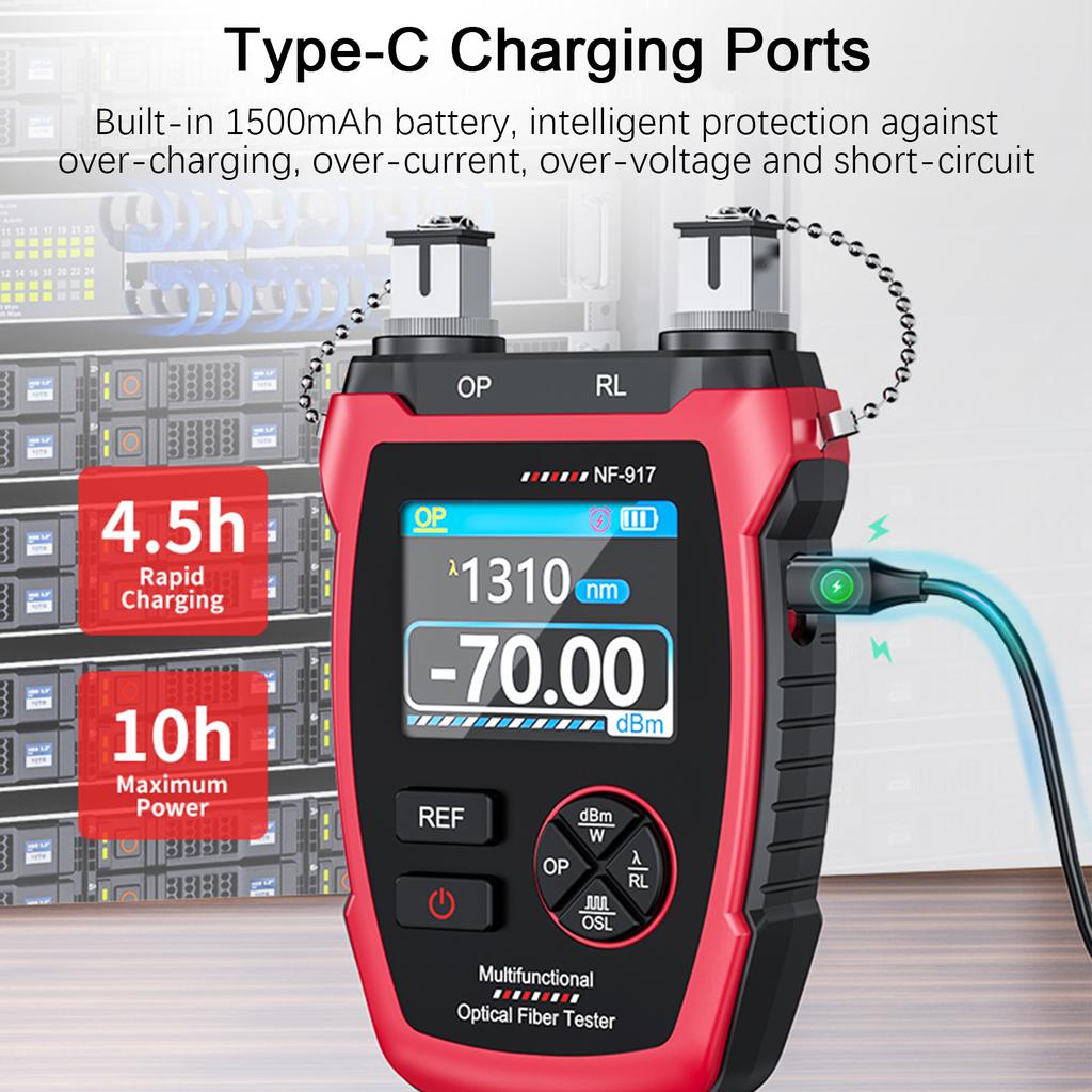 Optical Power Meter with Red Light, 10 Wavelengths, FC SC Connector, Fiber Optic Tester with LCD Screen Fiber
