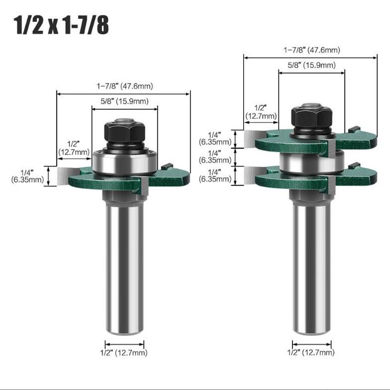 Набор фрез для сборки соединений типа «шип-паз» для резки дерева, 2 шт., хвостовик 12 мм, 1/2 дюйма