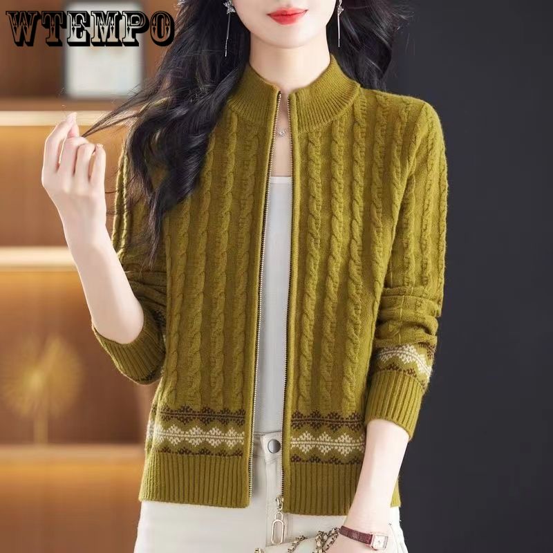 Осенний свободный трикотажный кардиган с воротником-стойкой для женщин, новый стиль, свитер для мам среднего возраста