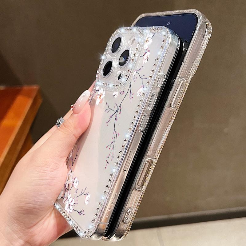 Противоударный чехол из ТПУ с цветочным принтом для iPhone 17 Pro Max 16e 16 15 14 13 15 Pro 17 ТПУ Блестящий бриллиант Мягкий силиконовый чехол для телефона
